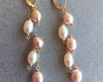 Paradise Pearl Duo Cascade Earrings, leverback, Metal options, wedding, bridesmaid