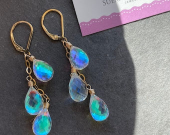 Fire Rainbow Cascade TRIO earrings, Moonstone Teardrop Dangles, leverback earrings