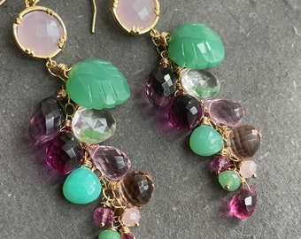 Garden of Happiness Colorful Cascade Gemstone Earrings, chalcedony quartz leaf cluster