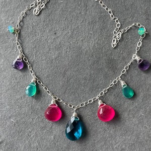 Multi color necklace, sapphire blue quartz, emerald onyx, amethyst, Ruby chalcedony, welo opal, length options, silver or gold