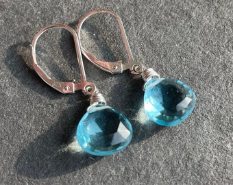 Just perfect Blue Topaz Quartz Wire Wrapped Leverback Earrings, Faceted heart cut quartz