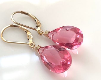 Tourmaline Pink Sparkle quartz earrings, Leverback and metal options, dangle earrings, pear cut, bright pink, gemstone earrings