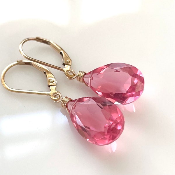 Tourmaline Pink Sparkle quartz earrings, Leverback and metal options, dangle earrings, pear cut, bright pink, gemstone earrings