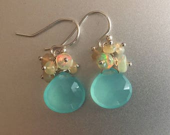 Opal and Chalcedony Cluster Earrings, Welo Ethiopian earrings, Blue Chalcedony Earrings, Gemstone Earrings, Christmas Gift