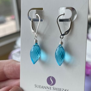 Topaz Swiss Blue Dewdrop Quartz Dangle Earrings
