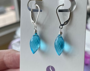 Topaz Swiss Blue Dewdrop Quartz Dangle Earrings