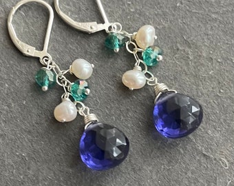 The cool blues tanzanite blue quartz and pearl cascade earrings