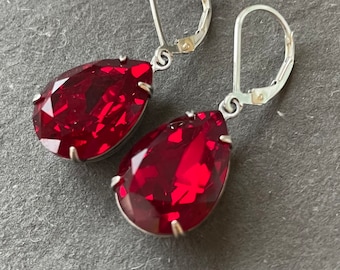Bright Red Sparkly Leverback Earrings or French earwire SILVER