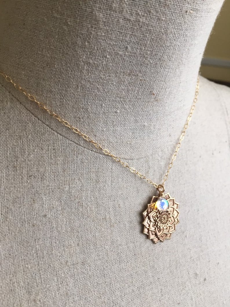 Golden Mandala Necklace with Seafoam Fire Opal