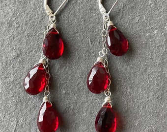 Garnet Red Pear Cut Quartz leverback or French wire earrings, Metal Options, Silver, Gold, Rose Gold, leverback, trio