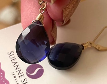 Deep Tanzanite Quartz Leverback Earrings, 14k gold filled