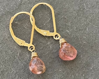 Natural pink tourmaline leverback earrings, OOAK, 14k gold filled