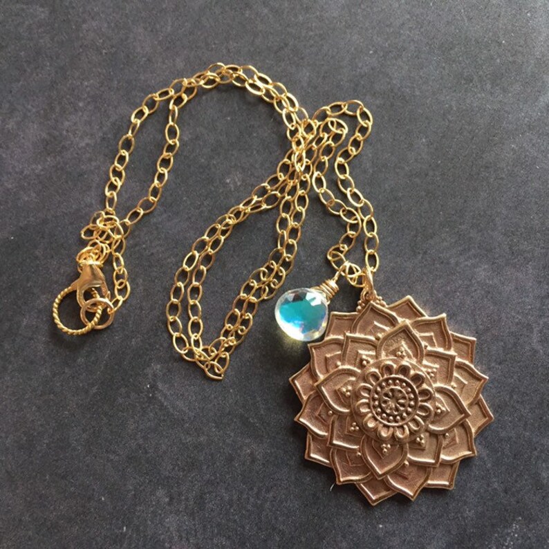 Golden Mandala Necklace with Seafoam Fire Opal