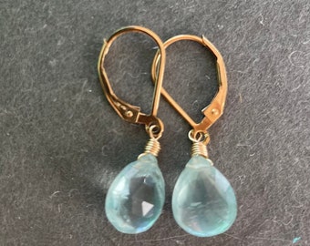 Aquamarine Single Drop Earrings 12mm March Birthstone, 14k gold filled, natural gemstone, small earrings, read description