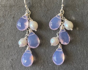 Lavender Quartz and Baroque Pearl Earrings, faceted, Lavender Moon Quartz scorolite look