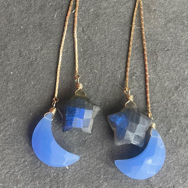 Moon and Star Chalcedony and Labradorite tassel earrings, leverback option, 18k gold plated, 14k gold filled