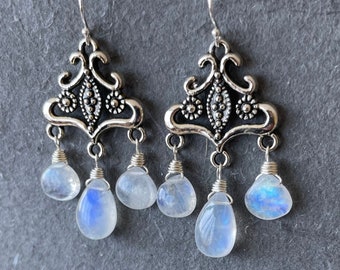 Wedding earrings, You must be royalty, rainbow moonstone Chandelier Earrings