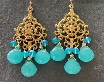 Blue chalcedony and opal filigree Chandelier Earrings, gold vermeil over 925 sterling silver