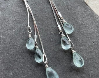 Dripping with aquamarines tassel earrings, natural aquamarine, sterling silver