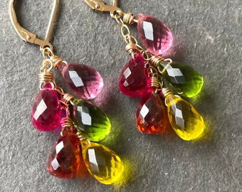 Sapphire colored Earrings, Orange, lime, yellow, Quartz earrings, rainbow, leverback or French wire, Metal Options, Silver, Gold, Rose Gold,