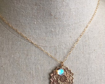 Golden Mandala Necklace with Seafoam Fire Opal