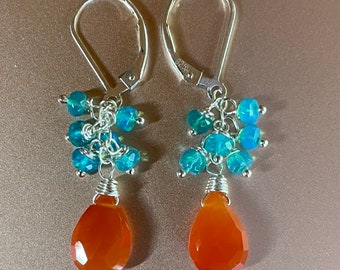 Opal and carnelian  cluster earrings, paraiba welo opals, leverback, orange earrings, bright blue