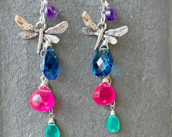 Dragonfly Earrings, sapphire blue, emerald green, Ruby pink, amethyst