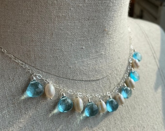Topaz blue quartz and Pearl necklace, 12mm stone, length options, silver or gold gilded age