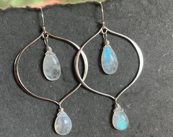 Rainbow moonstone hoop earrings, sterling silver