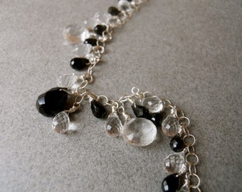 Black and Clear Gemstone Necklace, Little Black Dress, Spinel, Rock Quartz and onyx