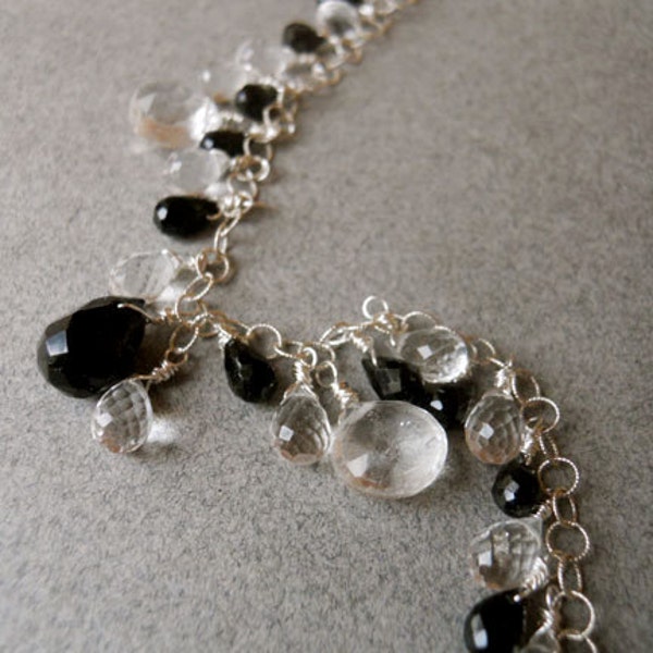 Black and Clear Gemstone Necklace, Little Black Dress, Spinel, Rock Quartz and onyx