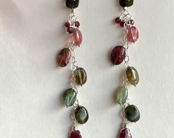 Natural multi pink green tourmaline and garnet earrings, OOAK, sterling silver