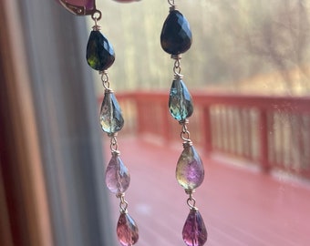 Watermelon Tourmaline Teardrop Dangle earrings, OOAK