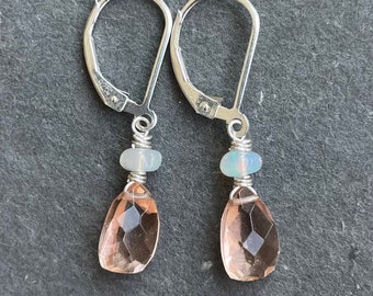 Morganite Peach Fuzz Pyramid and opal leverback earrings, quartz