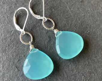 Large Aqua Chalcedony hoop leverback earrings