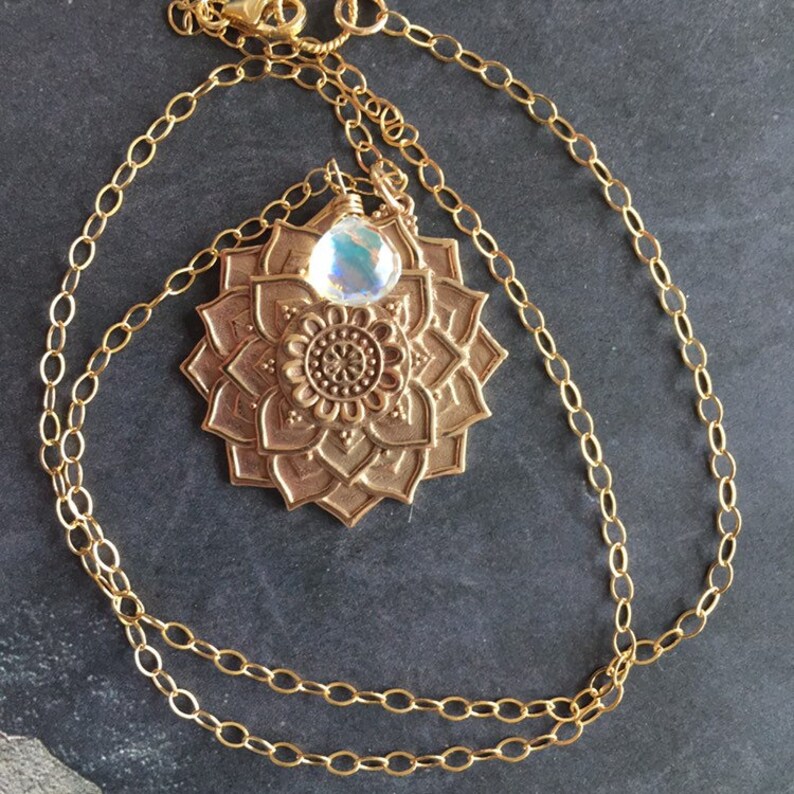 Golden Mandala Necklace with Seafoam Fire Opal