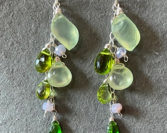 Prehnite, peridot, chrome diopside Greener Pastures cascade earrings