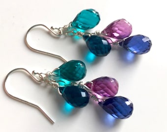 Blue Hues Rainbow Quartz Cascade Earrings, rainbow earrings, blue colors, teardrop earrings, london blue, sapphire blue