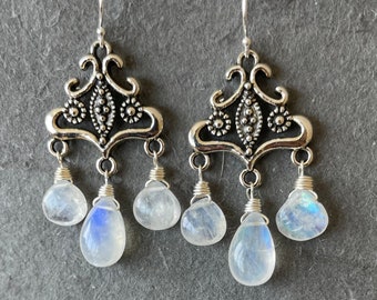 Rainbow moonstone Chandelier Earrings