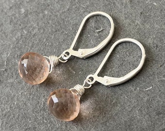 Morganite Peach Fuzz Drop Earrings, Morganite quartz earrings, beautiful sparkly pale peach earrings