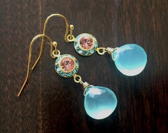 Aqua and Coral Pink Vintage Dangles