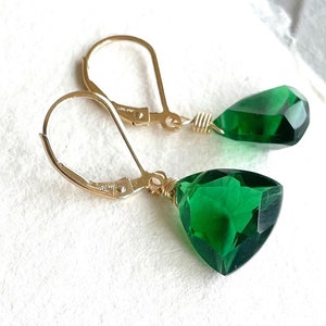 Emerald Green Trillion Earrings, Trillionaire Earrings, Emerald Green Quartz, Leverback Earrings, Christmas earrings image 2