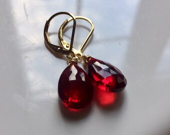 Just Perfect Red Dangle Earrings, Garnet Red Pear Cut Quartz, Metal Options
