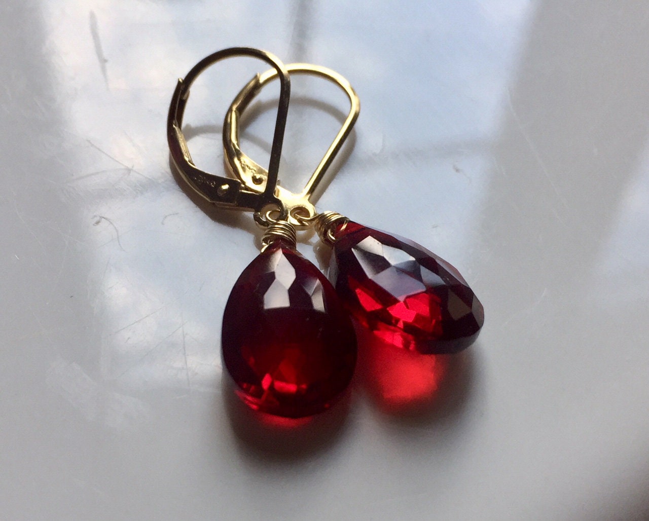 Just Perfect Red Dangle Earrings, Garnet Red Pear Cut Quartz, Metal Options