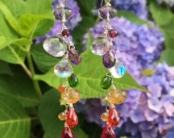 Rainbow earrings, Anniversary Cascade Earrings, Amethyst, Citrine, Moonstone, Quartz, Apatite,