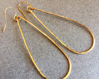 14K Gold Filled Elongated Teardrop Hoop Earrings, 2.25 inch Hammered Handmade