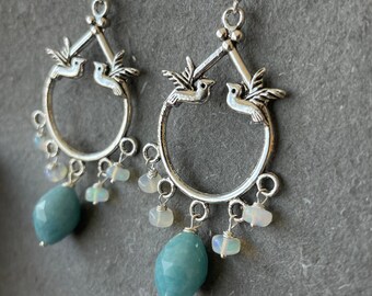 Milky Quartz and Opal Bird Chandelier Earrings, blue gemstone