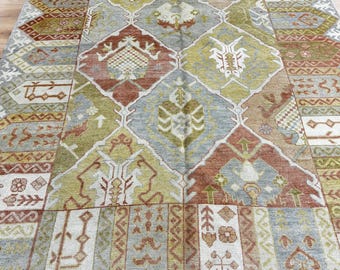 15247 Hand-Knotted Wool Rug 9x12 | Colorful Tribal Geometric Design | Earth Tone Bohemian Area Rug | Unique Statement Piece