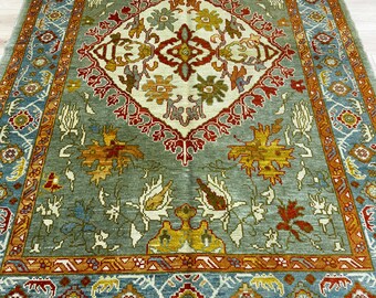 11407 – Handmade Oushak Rug 6x9 ft, Green Wool Area Rug with Red & Gold Medallion, Traditional Turkish Carpet