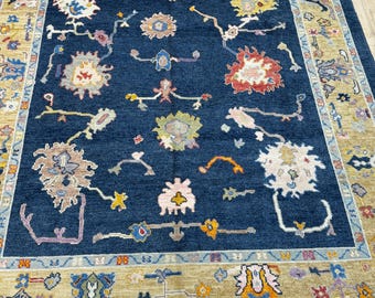 14638 – Handmade Oushak Rug 8x10 ft, Navy Blue Wool Area Rug with Colorful Floral Motifs, Turkish Carpet, Modern Boho Living Room